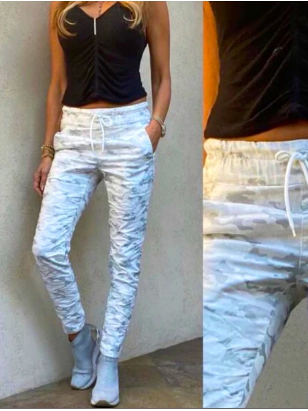 FLOG BEVY Shely Camo Drawstring Pants in White Silver Metallic Grey Size 24